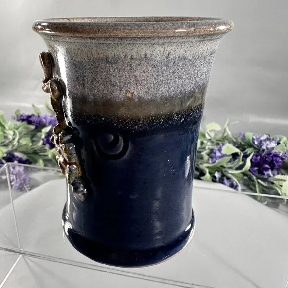 Grape Vine Mug Studio Pottery Vintage Clay Stoneware Thumb Rest Hand Cup - Picture 10 of 14